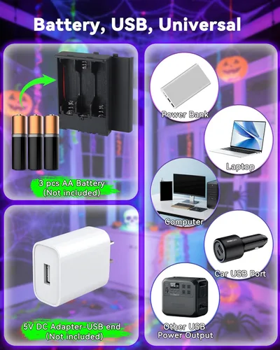 Miniatura 8 de Tira de Luz Negra de 16.4 Pies con Enchufe USB + Caja de Batería, Accesorio de Luz Negra Adhesivo de 300 LEDs, Funciona con Batería y USB