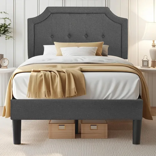 Miniatura 15 de VECELO Base de cama de plataforma de tamaño individual con cabecera tapizada de tela y soporte de listones de madera, no necesita somier/fácil Beige