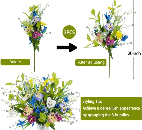 Miniatura 3 de 3 paquetes de flores silvestres artificiales mixtas de seda falsa de 20 pulgadas, arreglos florales vibrantes para jarrón de interior, hogar, mesa