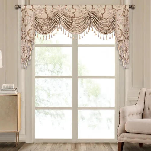 Miniatura 32 de Loom and Mill Cenefa de cascada de lujo de jacquard para sala de estar, elegantes cenefas de ventana con festones y cuentas damascadas, cortinas