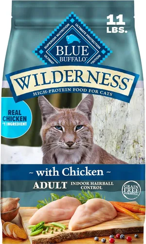 Blue Buffalo Wilderness Alimento seco natural sin granos con alto contenido de proteínas para gatos adultos, control de bolas de pelo en interiores,