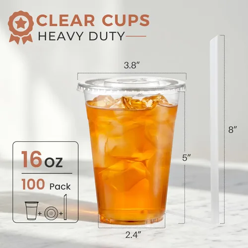 Miniatura 2 de VITEVER [100 juegos de 16 onzas] Vasos de plástico con tapas y pajitas, vasos desechables para café helado, batido, bebidas frías, transparente