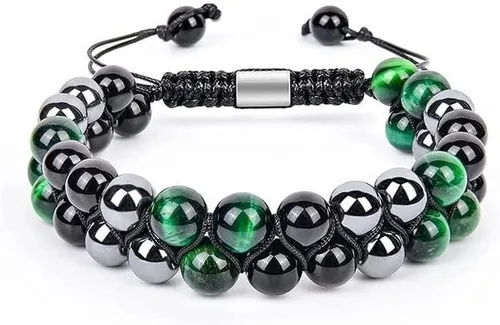 Pulsera de triple protección de 0.315 in y 0.394 in para mujeres y hombres, pulsera de piedra natural, ojo de tigre natural, obsidiana y hematita