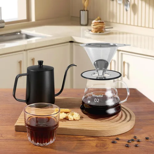 Miniatura 7 de Mongdio Gotero de café vertido, gotero de café de acero inoxidable, filtro de café de metal reutilizable, diseño de doble malla para verter sobre