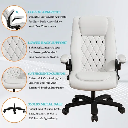 Miniatura 5 de GYI O205P - Silla de oficina ejecutiva de respaldo alto, silla de oficina grande y alta de 400 libras con ruedas de goma, sillas de escritorio Blanco