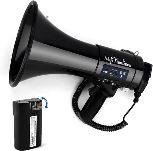 MyMealivos Megáfono Bluetooth con sirena Bullhorn altavoz de 50 vatios con micrófono desmontable, correa ligera portátil y entrada auxiliar de 0.138