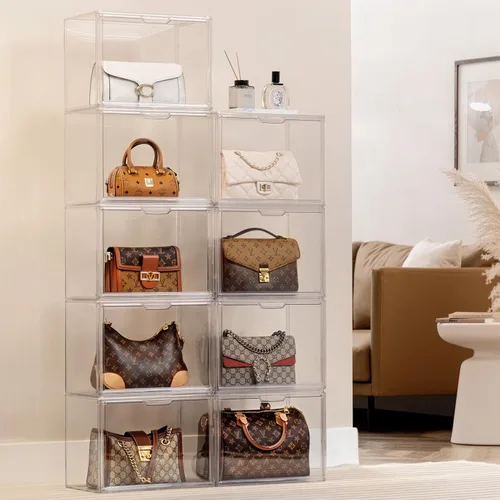 Miniatura 45 de HBlife Paquete de 3 organizadores de almacenamiento de bolsos para armario, caja de exhibición mediana transparente apilable con puerta magnética