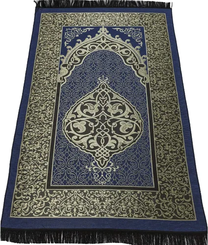 Miniatura 4 de Modefa Alfombra de oración islámica fina tejida de felpilla y tafetán turca Sajada diseño intrincado metálico (negro + azul)