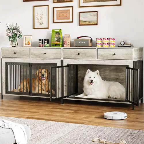 Miniatura 9 de LEMBERI Mueble de jaula para perros grande de 44 pulgadas, mesa auxiliar de madera para perros con cajones de almacenamiento, jaula decorativa