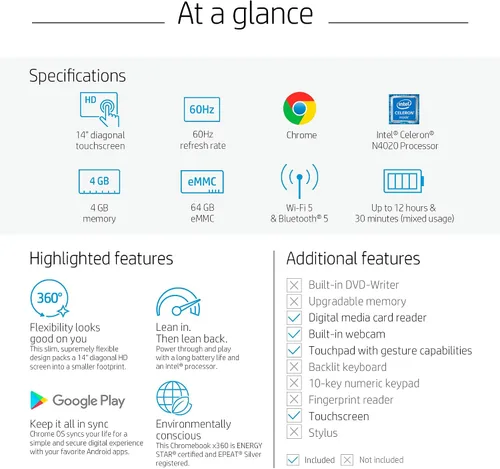 Miniatura 5 de Portátil HP X360 14a Chromebook 14" Pantalla táctil HD, Entretenimiento desde cualquier ángulo Intel Celeron, 4GB LPDDR4 64GB eMMC WiFi Cámara web