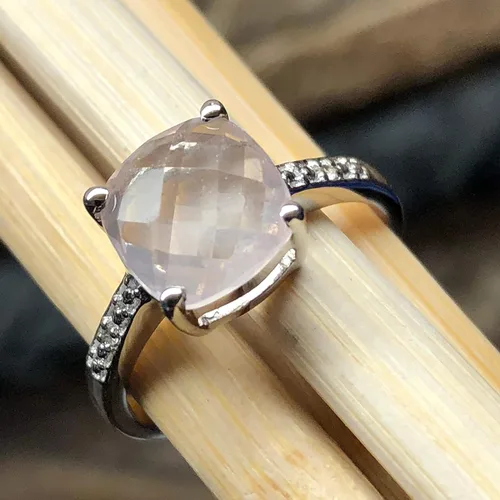 Miniatura 2 de Natural 1.5ct Pink Rose Quartz, White Topaz 925 Sterling Silver Engagement Ring Size 5, 6, 7, 8, 9