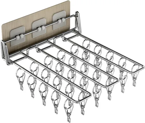 Miniatura 5 de Colgador montado en la pared para balcón, estante de secado de ropa plegable de acero inoxidable, organizador de clip de almacenamiento para ropa