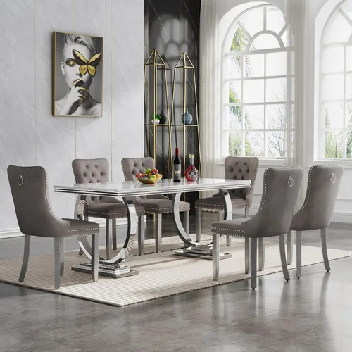 Miniatura 49 de Juego de mesa de comedor de 7 piezas con sillas, mesa de comedor de mármol sintético y sillas beige para 6, juego de mesa de comedor de oro blanco