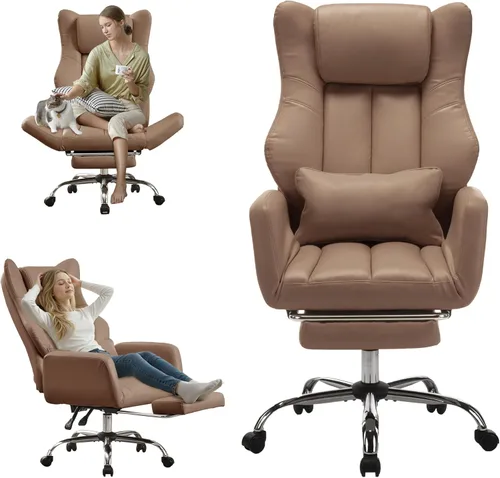 Miniatura 10 de Silla ergonómica de oficina con piernas cruzadas con reposapiés, silla ejecutiva de cuero grande y alta con apoyabrazos reversible, almohada lumbar