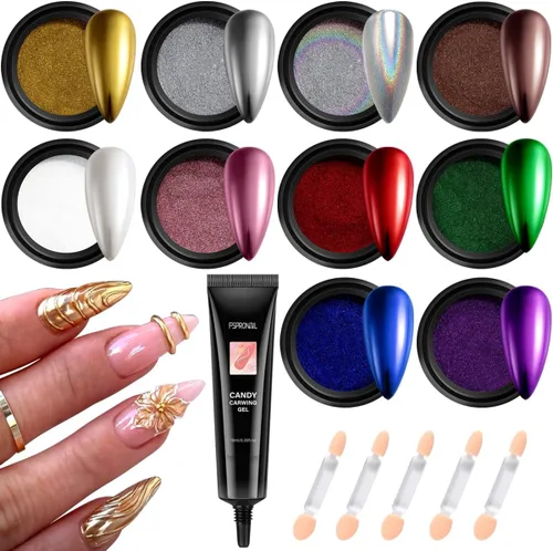 Kit de polvo de uñas cromado, 10 colores dorado, plateado, bronce, efecto espejo metálico, polvo cromado con gel de escultura 3D de 0.35 oz (10 g),