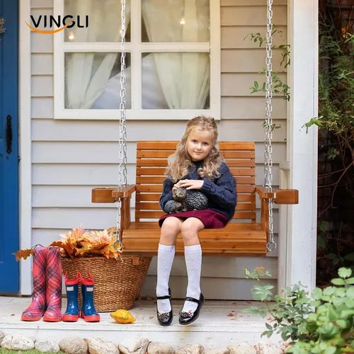 Miniatura 5 de VINGLI Columpio de madera resistente para porche de patio para 1 persona de 440 libras con asiento más profundo y respaldo más alto y portavasos