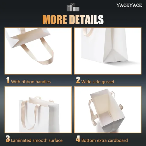 Miniatura 4 de Bolsas de regalo blancas, 10 bolsas de regalo de papel medianas de 8 x 4.25 x 10 pulgadas con asas, bolsa de compras de papel blanco a granel