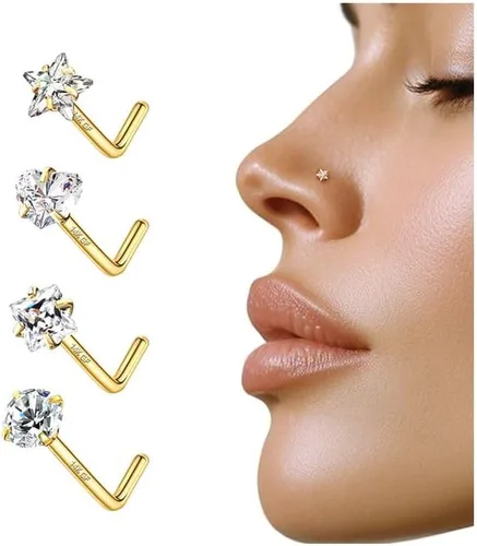 Miniatura 8 de 4 piezas de anillos de nariz de 20G bañados en oro de 14K para mujeres y hombres, anillos de nariz en forma de L, joyería hipoalergénica