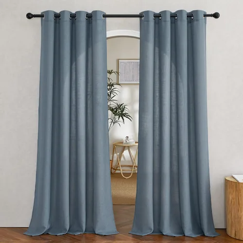 NICETOWN Cortinas de mezcla de lino azul piedra para sala de estar, cortinas de arpillera de lino con ojales, semitransparentes, privacidad con Lino