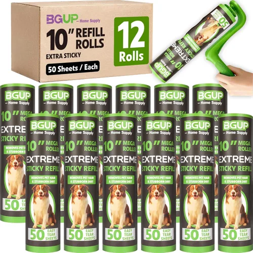 Recambios de rodillo de pelusa de 10 pulgadas, 12 rollos de 600 hojas de rodillos grandes para pelusas para pelo de mascotas, extrapegajosos, quitar