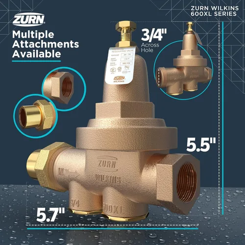 Miniatura 3 de Zurn Wilkins válvula de latón reductora de presión de agua de 3/4 de pulgada Modelo 34-600XL con válvula de revisión de paso y colador, Unión FNPT x