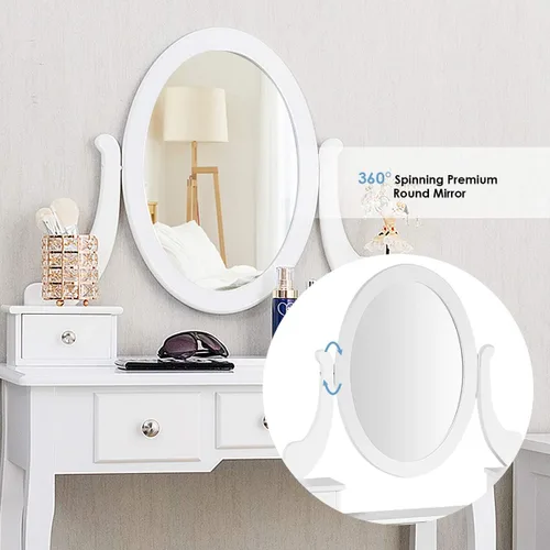 Miniatura 4 de CHARMAID Set de tocador con espejo ovalado giratorio, mesa de maquillaje para dormitorio con 5 cajones para mujeres y niñas, tocador con taburete