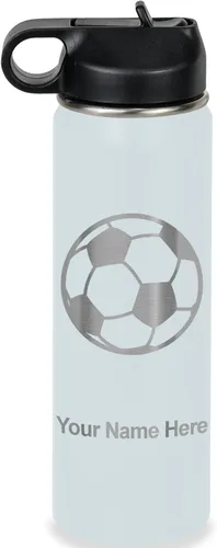 Miniatura 40 de LaserGram Botella de agua personalizada, pelota de fútbol, acero inoxidable de doble pared aislada al vacío con popote superior, regalo grabado