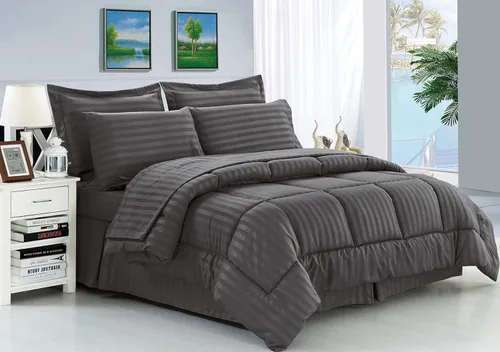 Elegant Comfort Resistente a las arrugas – Lujoso juego de edredón de 8 piezas a rayas Dobby suave y sedoso – King Gris
