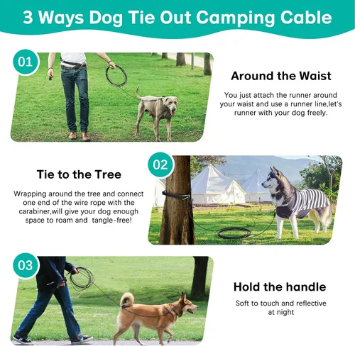 Miniatura 4 de Correa larga para perro a prueba de mordidas, cable de amarre para perros resistente de 10/20/30/50 pies con mosquetón, correas para perros medianos
