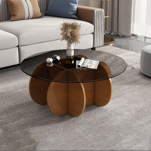 Miniatura 13 de HM&DX Mesa auxiliar redonda de cristal, base de madera maciza y parte superior de vidrio templado transparente, mesa auxiliar de café, mesa central