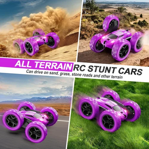 Miniatura 5 de QUNREDA - Autos RC, coche de control remoto púrpura para niñas, RC de doble cara de 2.4 GHZ, automóvil de acrobacias de 360° giratorio, control