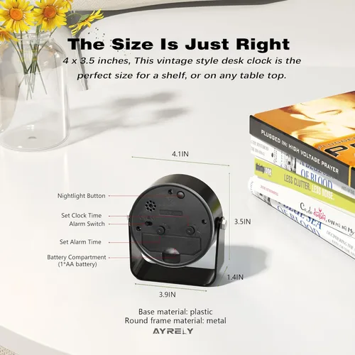Miniatura 7 de AYRELY® Reloj despertador analógico pequeño de 3.5 pulgadas, funciona con pilas, bonito reloj de mesa con luz, ángulo ajustable para viajes, mesita