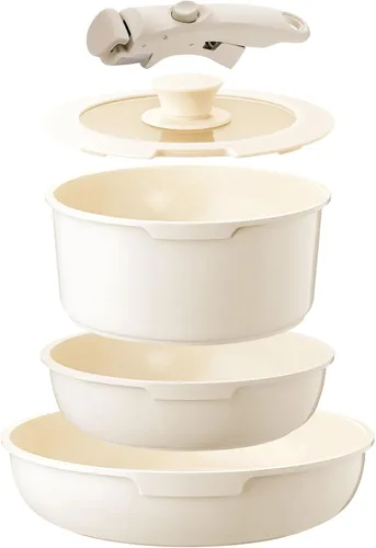 Juego de utensilios de cocina de cerámica antiadherente blanca, juego de 5 piezas con asas desmontables, perfecto para cocinar todos los días,