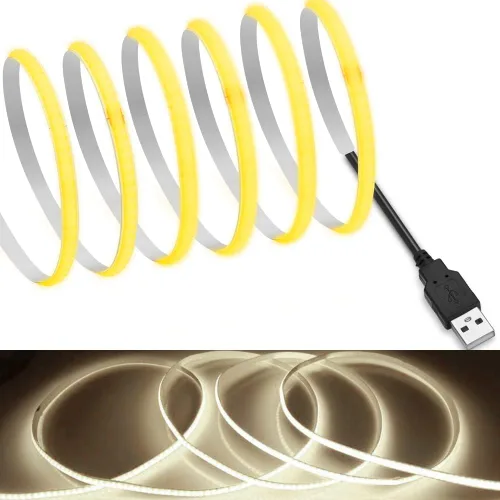 Miniatura 10 de MDee】Cinta LED de luz USB COB 1.64 pies/0.5 m - Cinta LED de 5 mm flexible DC 5V con 320 LED/m para iluminación cálida (2700K). Cortada, moldeable