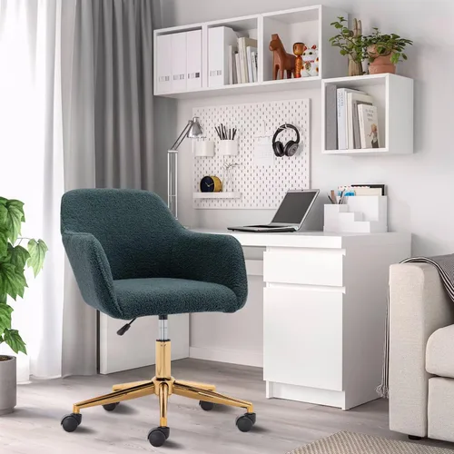Miniatura 2 de Silla esponjosa verde – Silla de tocador ajustable en altura con ruedas, silla giratoria de piel sintética para sala de maquillaje u oficina en casa