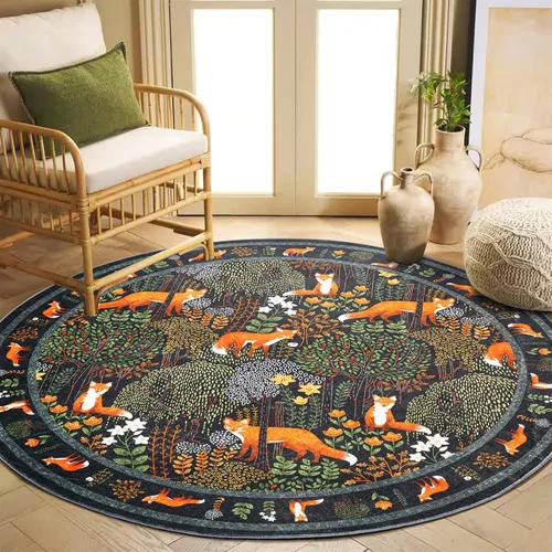 Bonita alfombra redonda botánica de 6 pies en color negro y verde, lavable, de perfil delgado, vintage, floral, Cottagecore, alfombra rústica para