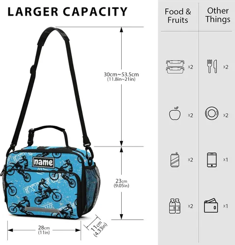 Miniatura 2 de Bolsa de almuerzo azul personalizada para vehículos deportivos de motocross, para niños, niñas, niños, bolsas de almuerzo personalizadas con tu