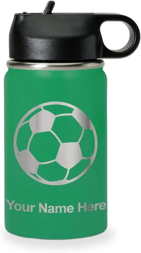 Miniatura 66 de LaserGram Botella de agua personalizada, pelota de fútbol, acero inoxidable de doble pared aislada al vacío con popote superior, regalo grabado