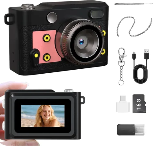 Miniatura 12 de Mini cámara retro con llavero – Cámara digital pequeña FHD de 1080P con lente de 2 MP, pantalla de 0.96 pulgadas y adaptador OTG con tarjeta de 16