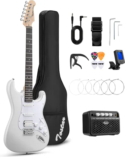 Miniatura 27 de Tostar Kit de guitarra eléctrica con amplificador, 39 pulgadas, tamaño completo, 6 cuerdas, ligero, diseño de cuerpo redondeado, interruptor