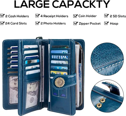 Miniatura 4 de INSIFEEL Billeteras para mujer de gran capacidad con protección RFID de cuero genuino, Azul marino