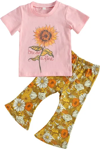 Nie Cuimeiwan Conjunto de 2 piezas de pantalones acampanados para niña pequeña con estampado de letras y pantalones acampanados florales