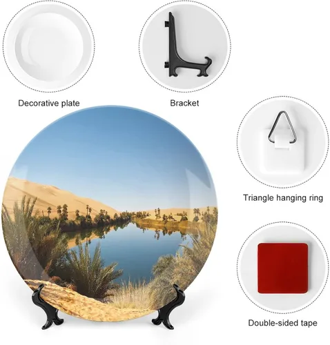 Miniatura 3 de XISUNYA Plato decorativo de 6 pulgadas, artesanía de cerámica del desierto, Oasis idílico Awbari Sand Sea Sahara Libia Pond Print Ornament Plate