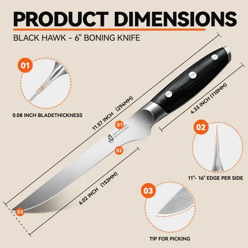 Miniatura 3 de TUO Black Hawk - Cuchillo de filete de 6 pulgadas para recortar grasa de carne, desollado de ciervos, mango de espiga completa, acero alemán de alto