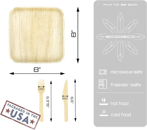 Miniatura 3 de ECODECO Platos de hoja de palmera – 50 piezas cuadrados de 8 pulgadas – Platos desechables como bambú para fiesta con cubiertos
