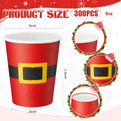 Miniatura 2 de Yaomiao 300 tazas de papel de Navidad de 9 onzas, diseño de cinturón de Papá Noel, desechables, tazas de café de cacao caliente para Navidad, a