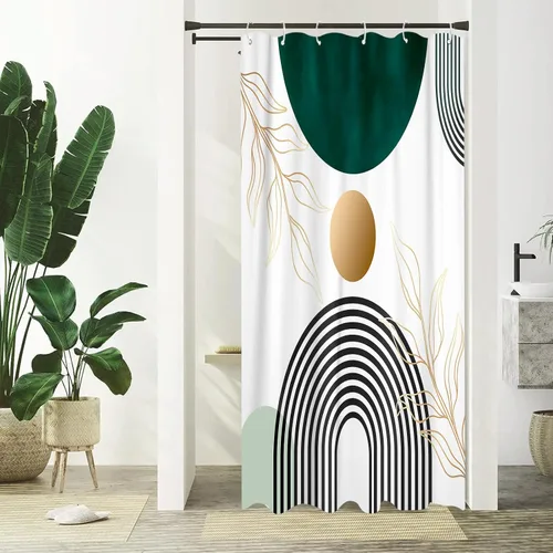 Miniatura 2 de Aipon Cortina de ducha verde de mediados de siglo para baño, cortina de ducha abstracta de estilo bohemio, de tela moderna, impermeable, para baño