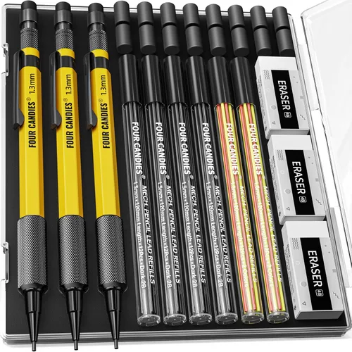 Miniatura 11 de Four Candies Juego de lápices mecánicos de 1.3mm con 24 repuestos de plomo, lápiz de carpintero de metal resistente a la intemperie para uso pesado