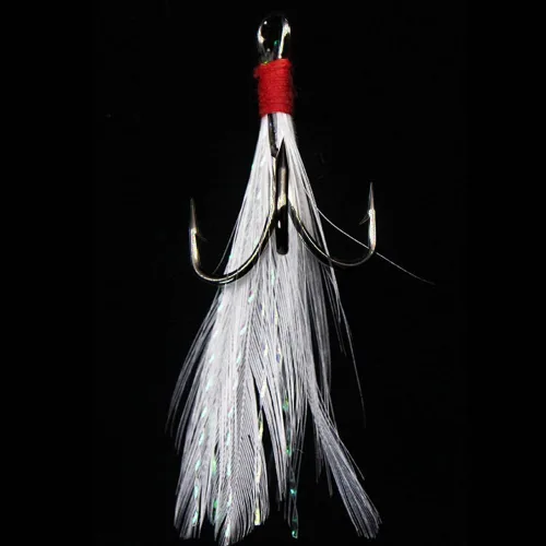 Miniatura 8 de 20 anzuelos de pesca agudos con pluma tamaño de acero inoxidable con púas afiladas triple anzuelo con caja para agua salada y agua dulce 20 plumas