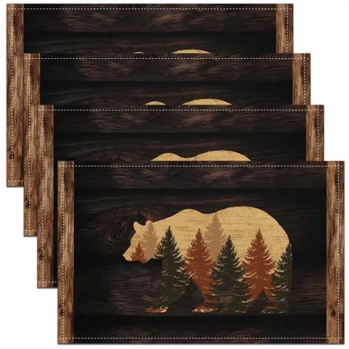 Miniatura 11 de Lodge - Juego de 4 manteles individuales de cabina con diseño de silueta de pino y oso gris, tapetes de cocina para mesa de comedor, animales